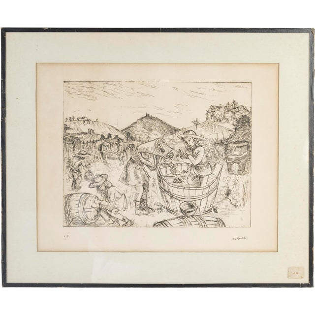 Glass E.V. Bouteil, The Grape Harvest, 20th Century, Engraving on Paper, Framed For Sale - Image 7 of 7