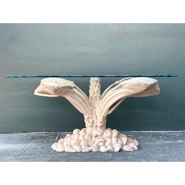 Late 20th Century Vintage Boho Carved Palm Front Center Hall Table For Sale - Image 5 of 12