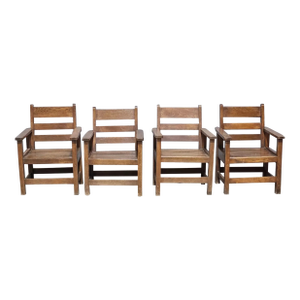 Early 20th Century Antique Mission Oak Arts & Crafts Craftsman Cabin Arm Chairs- Set of 4