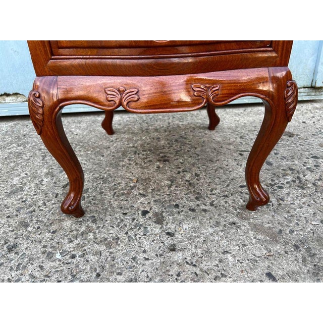 French Provincial Vintage French Rococo Style Hand Carved Wood Bedside Table With Dovetail Drawers For Sale - Image 3 of 9