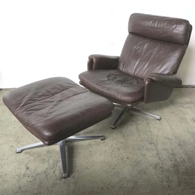 Set of Vintage Leather Lounge Chair with Ottoman, 1970s For Sale - Image 17 of 18