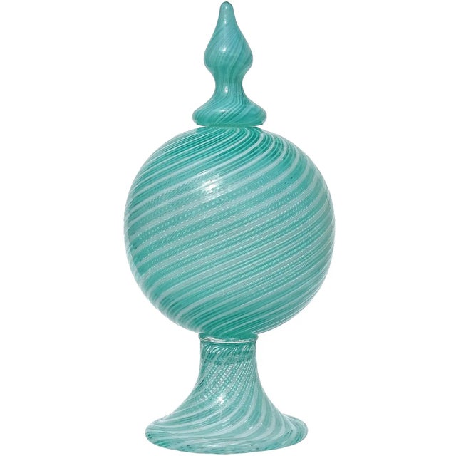 Murano Dino Martens Blue Green White Stripe Swirl Vintage Italian Art Glass Decanter Bottle Vase For Sale - Image 9 of 9