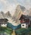 A European oil painting of a pair of chalets in the Alps. Signed A. Menig and dated 1945. Painted on the back of an old...