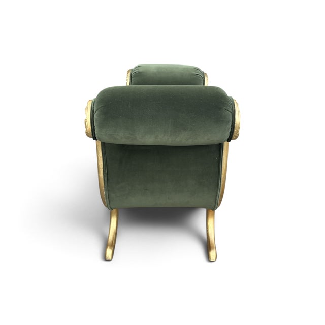 Vintage Hollywood Regency Neoclassical Giltwood Scroll-Arm Bench in Green Velvet For Sale - Image 9 of 12