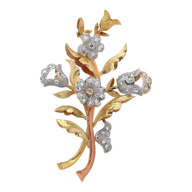 Mid-Century Vintage Platinum and 18k Yellow Gold Diamond Brooch For Sale