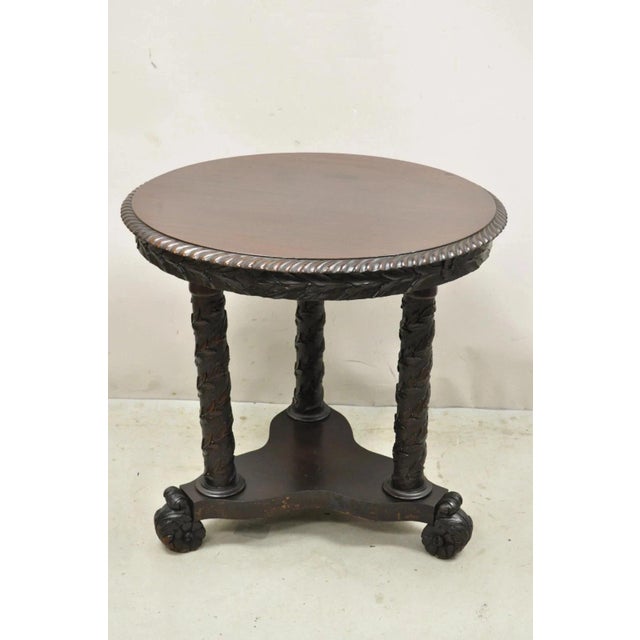 Antique American Empire Floral Spiral Carved Mahogany Round Center Side Table For Sale - Image 10 of 12