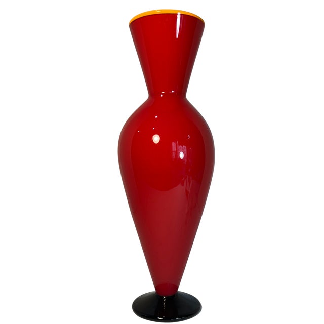 Murano David Levi Signed Ibex 2004 Art Glass Red Vase For Sale - Image 4 of 14