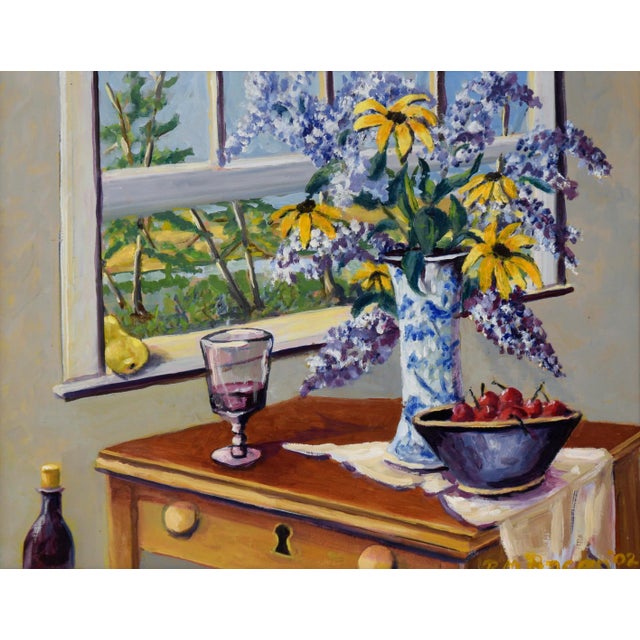 Still Life with Daises and Wisteria in Acrylic on Masonite Still life by a window by Richard M. Bacon (American, 20th...