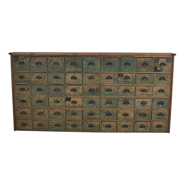Large Industrial French Painted Pine Hardware Store Cabinet, 1950s For Sale