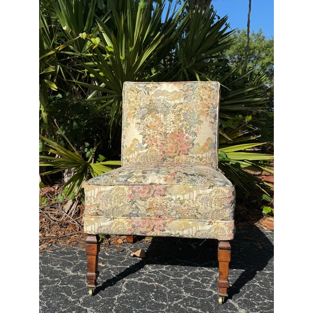 1920s Vintage Floral Upholstered Slipper Chair | Armless Accent Chair With Carved Wood Legs For Sale - Image 5 of 11