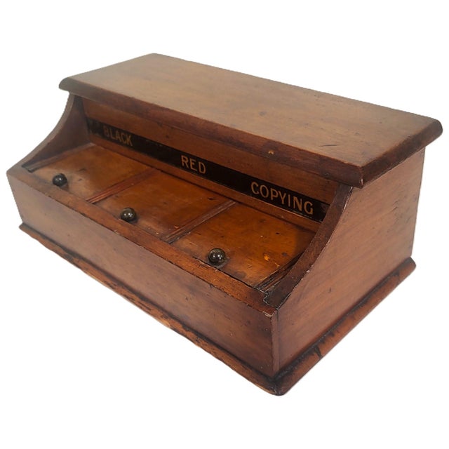 English 19th C Mahogany & Reverse Painted Glass 3 Jar Desk Inkwell For Sale - Image 4 of 16