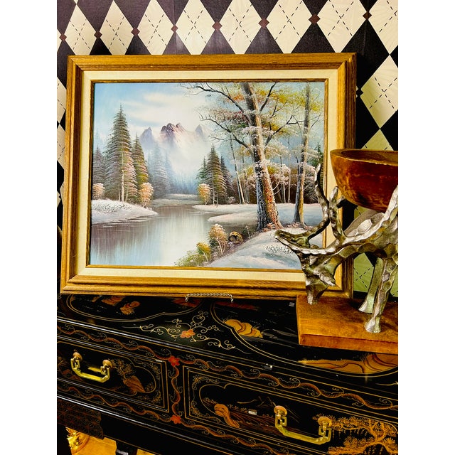 Cabin 1950s Original Signed M. Scott Textured Winter Mountain Landscape Oil Painting By, Framed For Sale - Image 3 of 13