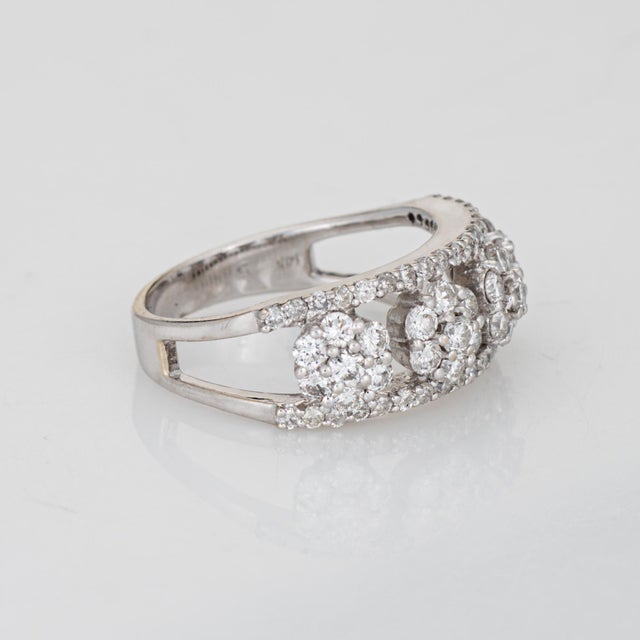 Contemporary 1.35ct Diamond Cluster Ring Sz 6.5 Estate 14k White Gold Band Flowers Jewelry For Sale - Image 3 of 7