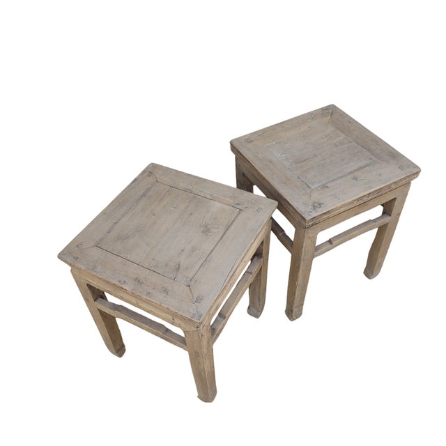 Antique Chinese Elm Stool or Tea Table, in beautiful bleached elm, with hoof foot, scalloped supports and mitered top....