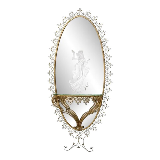 1940s Monumental Italian Gilt Wrought Iron & Etched Mirror For Sale