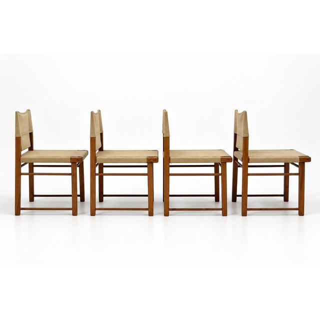 Italian Wooden Dining Chairs with Canvas Upholstery, 1970s, Set of 4 For Sale - Image 6 of 10