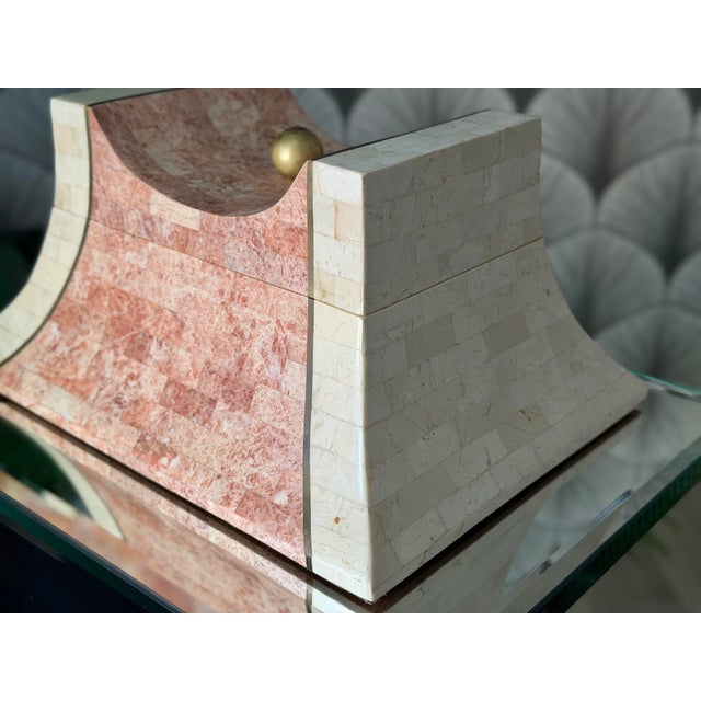 Mid-Century Modern Vintage Mid-Century Modern Postmodern Tessellated Marble and Brass Jewelry Trinket Box With Wood Interior Attributed to Maitland-Smith For Sale - Image 3 of 12
