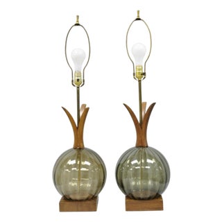 Vintage Mid Century Modern Ribbed Smoked Glass Orb Pineapple Table Lamps - Pair For Sale