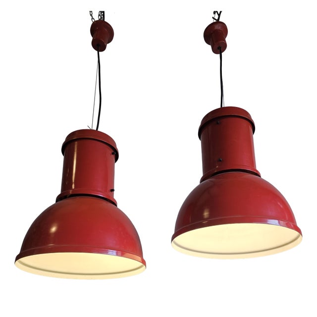 Red Metal Pendant Lamps from Fontana Arte, 1970s, Set of 2 For Sale