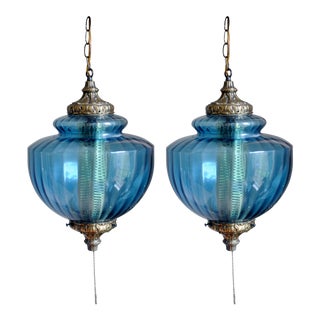 Blue Mid-Century Hanging Globe Swag Lamp Pendants - A Pair For Sale