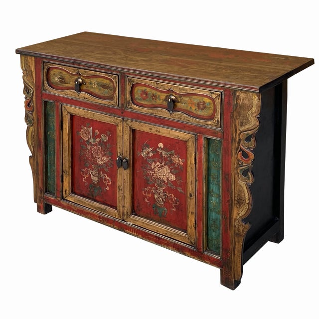 Chinese Distressed Mustard Yellow Red Flower Sideboard Credenza Cabinet For Sale - Image 4 of 9
