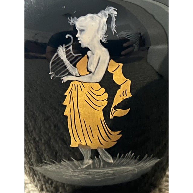 Up for sale is a Vintage 1950’s American Westmoreland Mary Gregory Black Amethyst Glass Hand-Painted Woman Playing Harp...