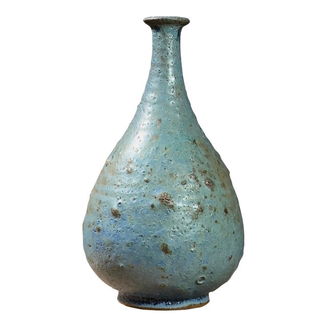 Vintage Long Neck Mid Century Volcanic Glaze Blue Vase by William C. Alexander, Signed For Sale