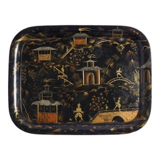English Chinoiserie Rolled Rim Tole Tray, C. 1830 For Sale