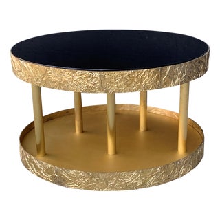 Bronze and Metal Round Center Table with Black Glass and Base with Light For Sale