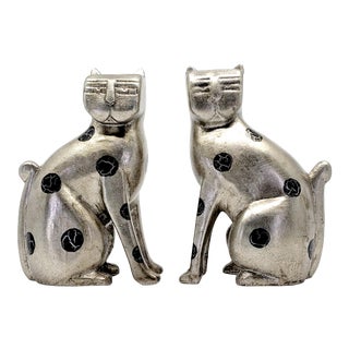 Pair Postmodern Chinese Ceramic and Silver Leaf Cat Figurines or Sculptures - Leopards Big Cats For Sale