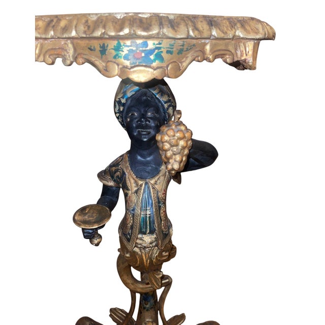 Italian Pair of Mid-19th Century Italian Polychrome & Gilt Blackamoor Pedestal Tables For Sale - Image 3 of 11