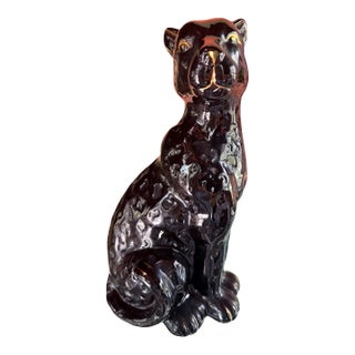 Vintage Black Ceramic Cat Cheetah Panther Statue Gold Accent Panther Sculpture |Hollywood Regency Animal Figurine For Sale