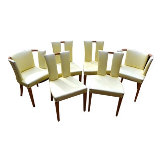 1960s Eliel Saarinen Attributed Mid Century Modern Yellow Vinyl & Wood Dining Chairs Nailhead Trim - Set of 6 For Sale