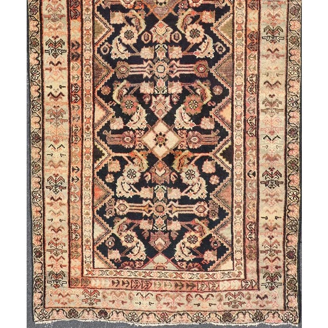 Persian Antique Hand Knotted Persian Mahal Runner in Dark Background and Light Border For Sale - Image 3 of 12