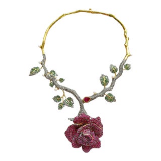 Bochic “Orient” Vintage Ruby, Tsavorite, Zircon & Diamond Necklace 18K Gold & Silver For Sale