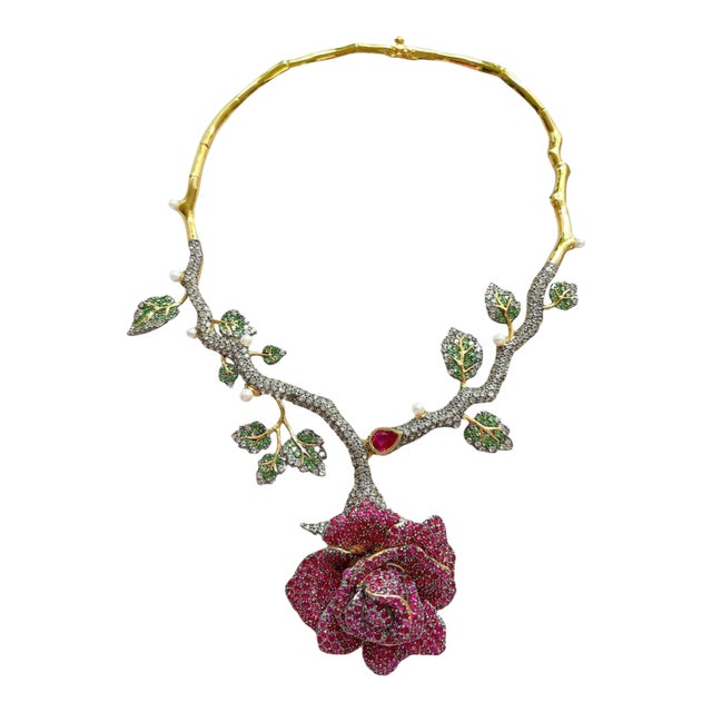 Bochic “Orient” Vintage Ruby, Tsavorite, Zircon & Diamond Necklace 18K Gold & Silver For Sale