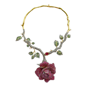 Bochic “Orient” Vintage Ruby, Tsavorite, Zircon & Diamond Necklace 18K Gold & Silver