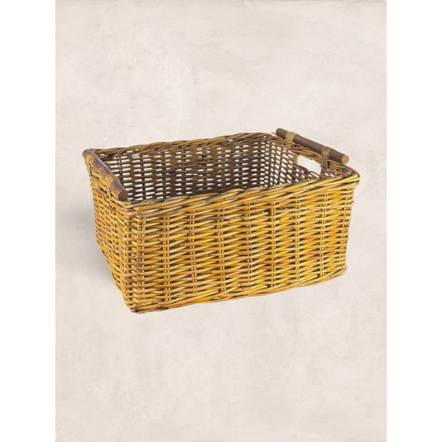Vintage English Wicker Storage Basket With Wooden Handles For Sale - Image 4 of 7