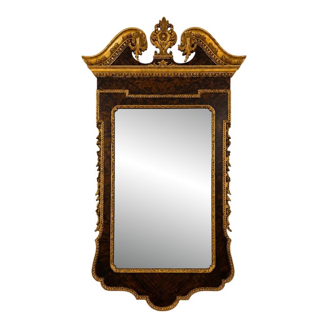 Italian Georgian Style Burl Wood & Gilt Wall Mirror With Rococo Crest For Sale