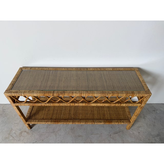 Coastal Vintage Coastal Rattan Two-Tier Console Table With Glass Top For Sale - Image 3 of 17