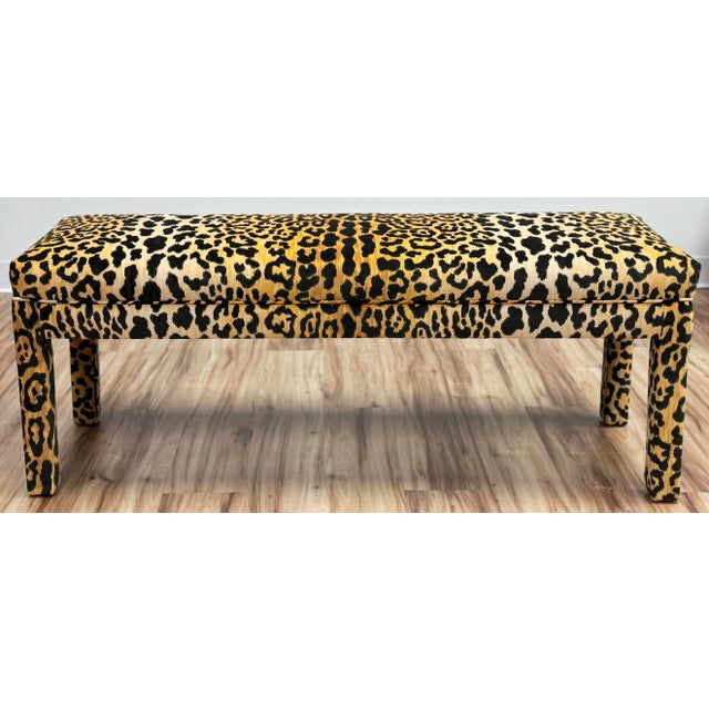 Postmodern Vintage 1980's Tufted Parsons Bench W/ Velvet Leopard Print Upholstery For Sale - Image 3 of 8