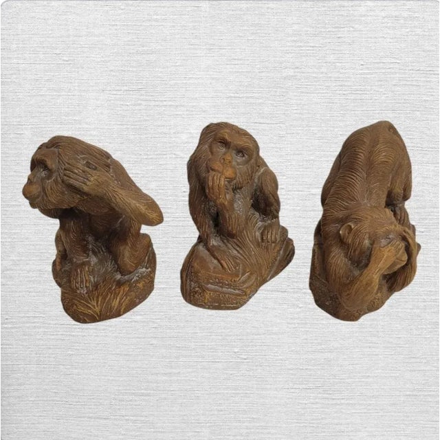 Traditional Whimsical Faux Bois See No Evil, Hear No Evil, Speak No Evil Monkey Room Statue Decor- Set of 3 For Sale - Image 3 of 9