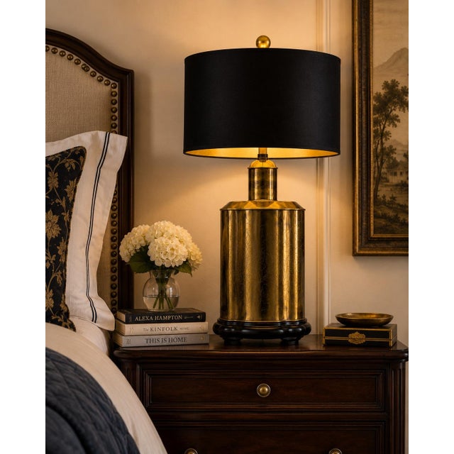 Chinoiserie Large Vintage Antiqued Brass Chinoiserie Table Lamp With Black & Gold Drum Shade For Sale - Image 3 of 3