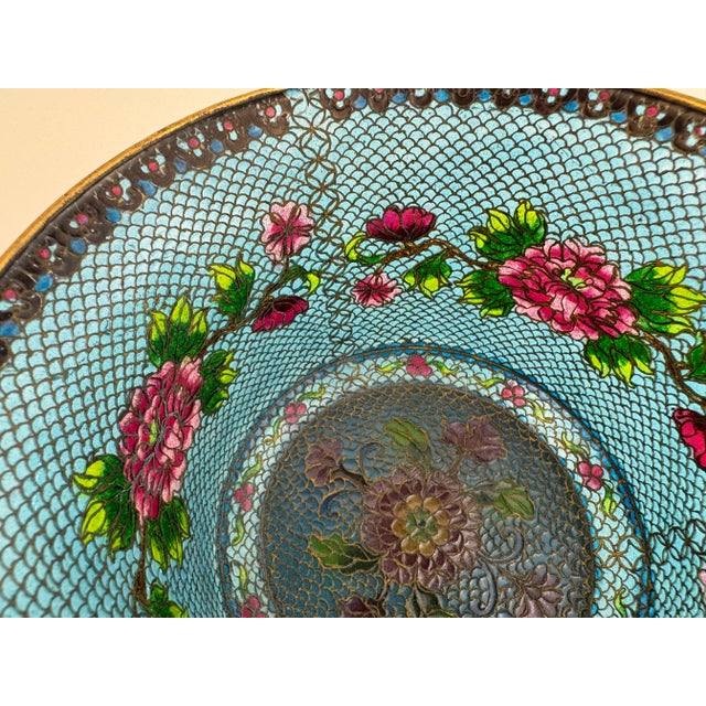 Late 20th Century Vintage Mid 20th Century Chinese Cloisonné Decorative Bowl in Brilliant Sky Blue With Floral Motif For Sale - Image 5 of 16