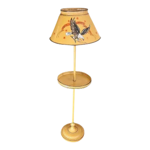 Yellow Tole American Eagle Round Side Table With Lamp and Shade Signed v. Busci