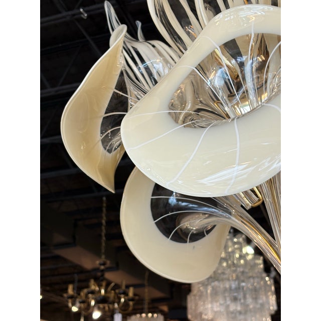 White Vintage Mazzega Murano Italian Glass Calla Lily & Leaves 8 Light Chandelier For Sale - Image 8 of 12
