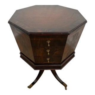 Antique Victorian Table Three Drawers Banded Mahogany Octagon Casters For Sale
