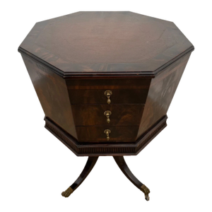 Antique Victorian Table Three Drawers Banded Mahogany Octagon Casters