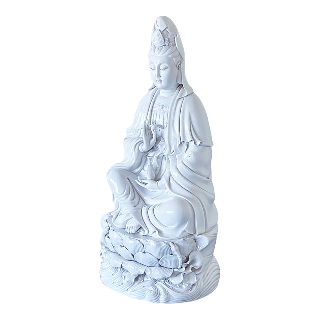 Antique Large Chinese Seated Kwan Yin Figure on Lotus in Blanc De Chine Glaze For Sale