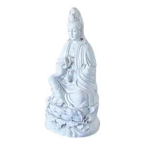 Antique Large Chinese Seated Kwan Yin Figure on Lotus in Blanc De Chine Glaze